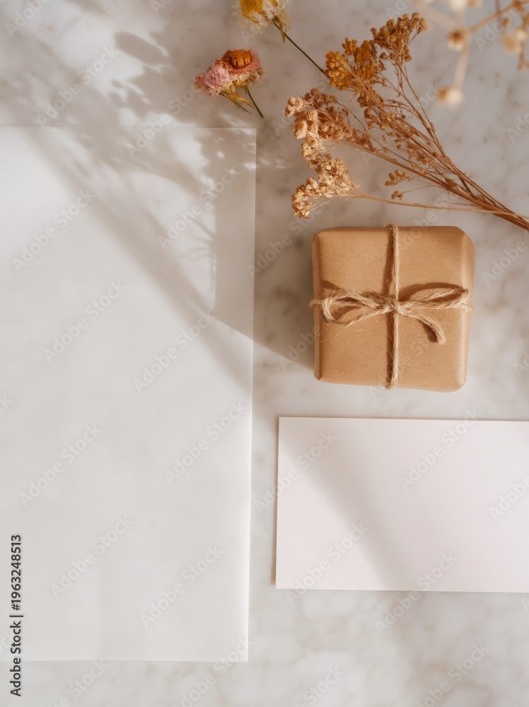 Fototapeta premium Clean minimal flat lay featuring a wrapped gift box, blank card, dried flowers, and parchment paper on a white marble surface for e-commerce presentation