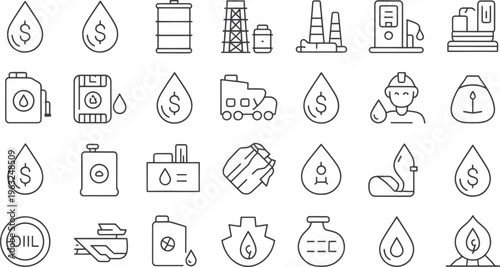 A collection of outline icons depicting the oil industry gas extraction and energy production