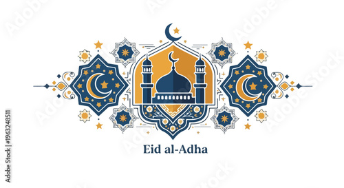 Festive graphic with mosque, crescent, and star elements