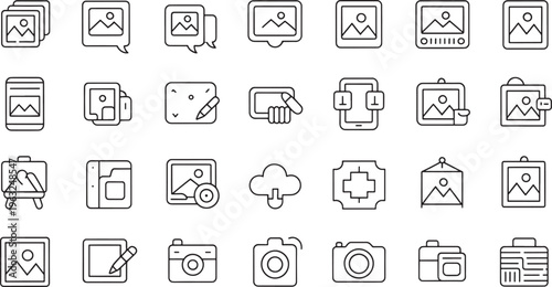 Collection of 28 outline icons representing photography, image editing, and gallery management.