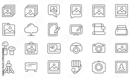Set of minimalist line icons for photography, image editing, and digital art design.