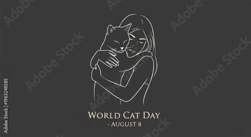 Woman hugging cat on world cat day august 4th minimalist line art illustration