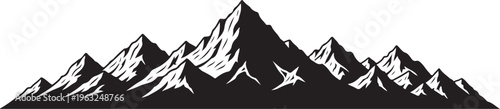 Black mountain range silhouette, snow-capped peaks, vector landscape, graphic design element