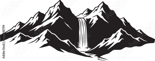 Black and white mountain landscape, snowy peaks, waterfall vector, monochrome illustration