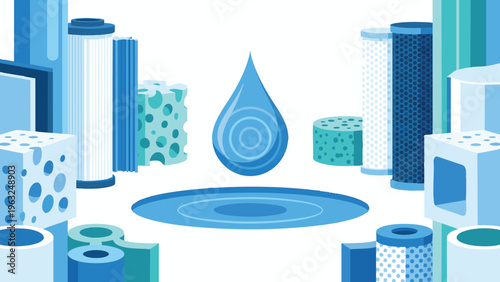 Water Purification System with Stylized Droplet and Various Filter Elements