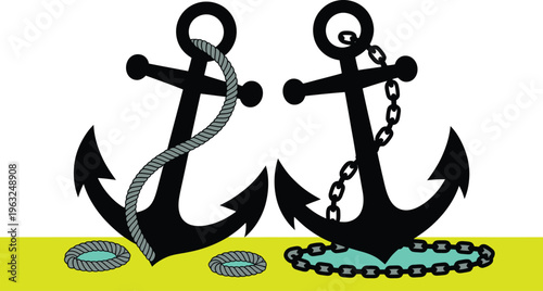 Two black anchors with chains and seashells on yellow background