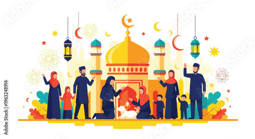 Festive illustration featuring a mosque, families, and decorative elements