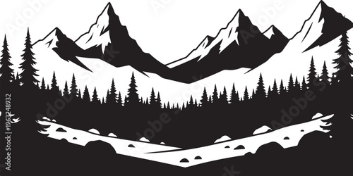 Black and white mountain landscape vector, snowy peaks, forest silhouette, scenic nature background