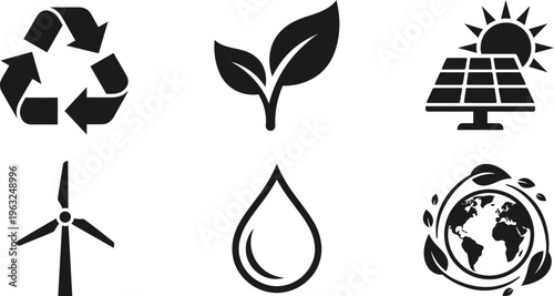 Black Ecology Icons Vector Collection | Sustainability Renewable Energy Symbol Set