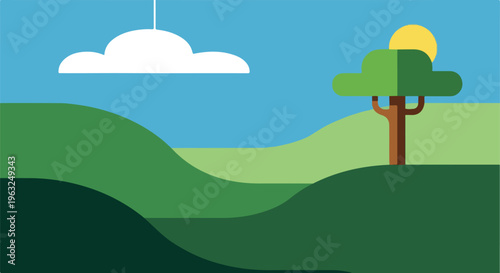 Flat landscape with a tree, cloud, and sun in a sunny sky