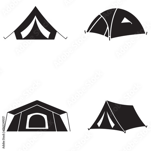 Collection of camping tent icons in black silhouette style showing various tent shapes