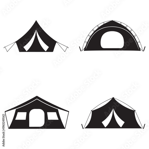 Collection of camping tent icons in black silhouette style showing various tent shapes