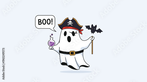Adorable Halloween illustration of a cute ghost dressed as a pirate, holding a purple potion and a wand, with a small bat flying nearby, exclaiming "BOO!".