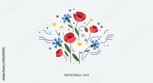 Floral design with poppies, daisies, cornflowers, stars, and lines