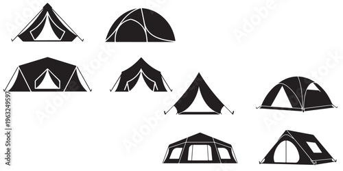 Collection of camping tent icons in black silhouette style showing various tent shapes