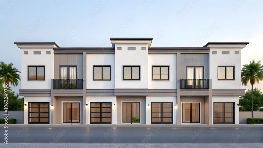 Fototapeta premium Modern residential building facade with balconies and palm trees in urban setting