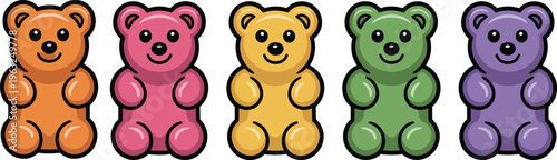 Colorful gummy bears vector illustration set featuring orange pink yellow green and purple candy characters for sweet snack concepts.