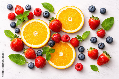Fresh Citrus and Berry Flat Lay on White Background
