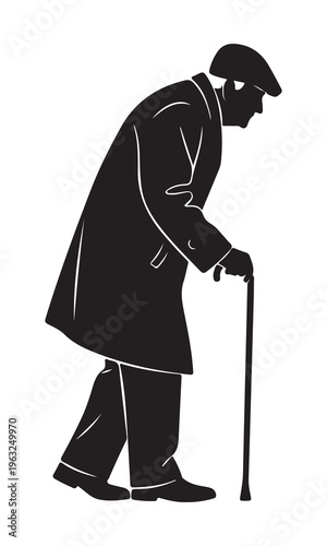 Elderly man silhouette walking with cane, senior male figure in flat cap and overcoat, retired grandfather character vector illustration