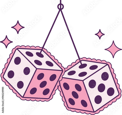 Pink fuzzy hanging dice vector illustration with sparkles for car accessory gambling retro kitsch and y2k aesthetic design.