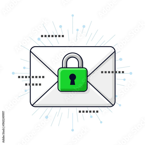 Secure email communication concept with a locked envelope and digital data streams.