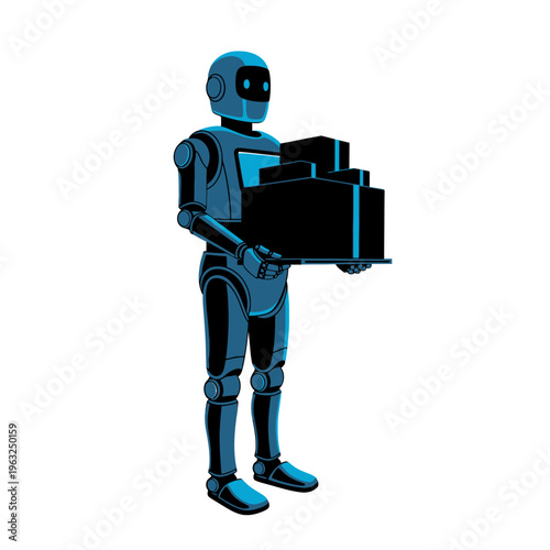 A futuristic blue robot carrying a stack of black boxes, symbolizing delivery and automation in technology.