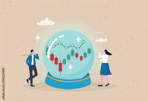 Forecast or prediction, investment opportunity, fortune teller to see stock market or economic direction, trend or business vision concept, business people look at magic sphere future market chart