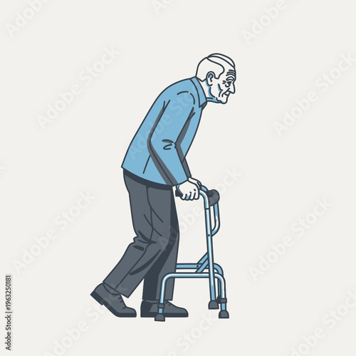Elderly man walking with a walker, representing aging and mobility challenges.