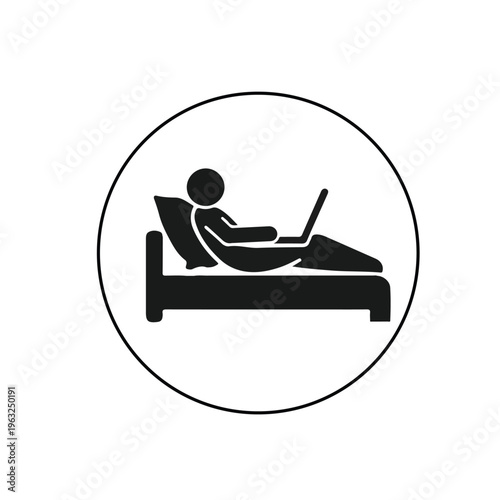 Relaxed remote work icon showing person using laptop on bed for home office concept