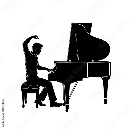 Silhouette of a man playing a grand piano with passion and emotion, captured in a dynamic black and white illustration.