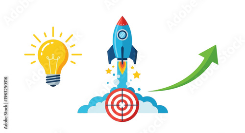 Rocket ship blasts off from target with lightbulb idea and green growth arrow