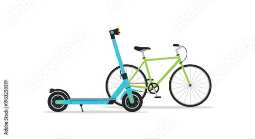 An illustration of a blue electric scooter next to a green bicycle on a white background.