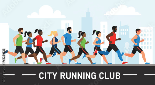 Group of diverse people running on a road in an urban environment