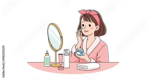 Woman applies cream to face in front of mirror with beauty products.