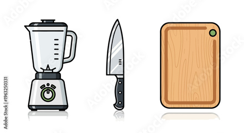 A kitchen scene with a blender, knife, and cutting board on a clean surface.