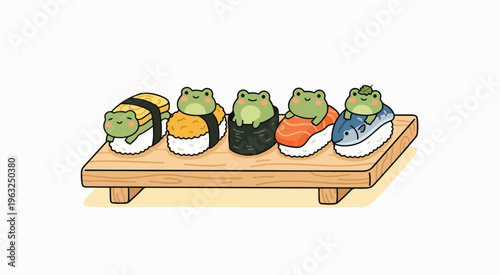 Cute cartoon frogs dressed as sushi pieces on a wooden serving board with a plain white background.