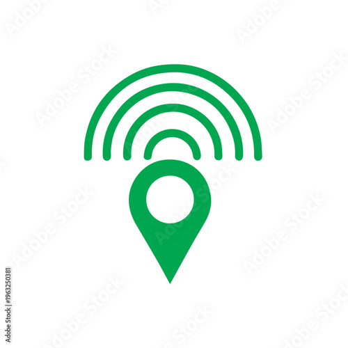 Emerald green location marker icon transmits navigational data via curved signal lines emphasizing connectivity on a clean field.