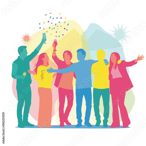 Group of friends celebrating a joyful event with colorful silhouettes