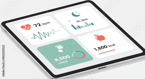 Fitness app interface on a tablet showing heart rate, steps, sleep, and calories