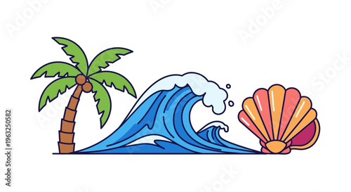 A colorful illustration of a palm tree, wave, and seashell on a beach.