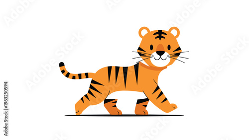 Adorable illustration of a happy tiger cub with orange and black stripes, cheerfully walking with a wagging tail on a clean white background, perfect for children's designs.