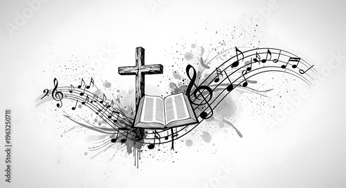 Spiritual worship scene with holy bible and musical notation waves