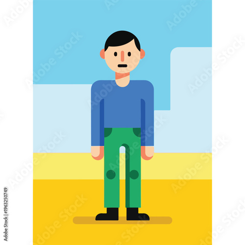 Flat design illustration of a standing human figure against a colorful background