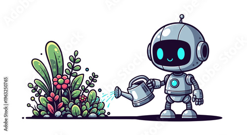 A robot waters a variety of plants with a watering can in a garden.
