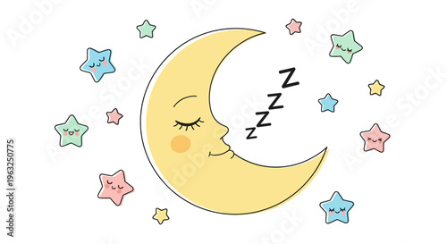 A smiling cartoon moon sleeps peacefully surrounded by colorful stars.