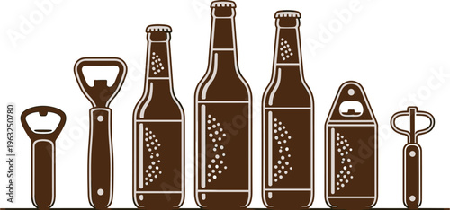 Beer bottle and opener icon set in retro brown style for craft brewery branding bar menu and pub signage,