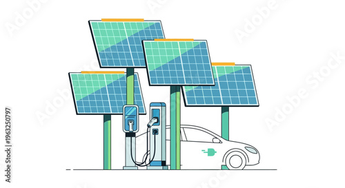 Electric car charges under solar panels at a station with renewable energy sources nearby.