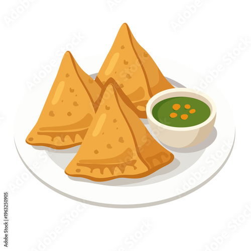 Three golden-brown crispy triangular deep-fried Indian samosas resting on a clean white round plate, accompanied by a small white bowl filled with fresh spicy green mint coriander dipping chutney.