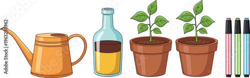 Gardening supplies set with watering can fertilizer bottle potted plants and markers home garden tools vector illustration