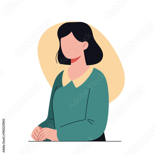 Flat illustration of a woman in a green sweater, hands clasped